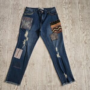 Est 1946 Denim Patchwork Distressed Mid Rise Jeans Blue Boho Embroidered Size 14